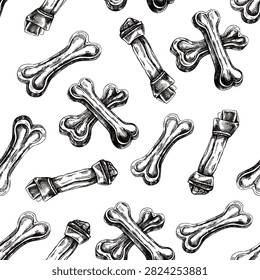 Seamless pattern with assorted dog chew bones and rawhide treats. Hand drawn vintage engraving sketch ideal for pet packaging, wrapping paper, backgrounds, textile and branding.