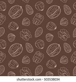 Seamless pattern with assorted nuts: walnuts, almonds, hazelnuts. Whole and shelled nuts mix. Vector hand drawn seamless pattern for packaging, textile, interior, background and other designs. 