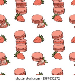 Seamless pattern with assorted pink macaroons and strawberry on white background.