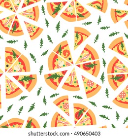 Seamless pattern with assorted pizza slices. Vector illustration. Repeating background. Cartoon style