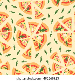 Seamless pattern with assorted pizza slices. Vector illustration. Repeating background. Cartoon style