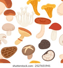 Seamless pattern Assorted set of fresh mushrooms. Wild forest harvest. Ripe fresh organic food. Vector illustration on white background.