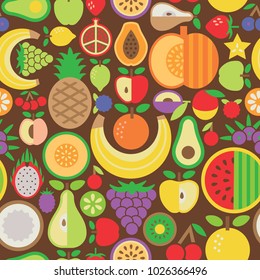 Seamless pattern of assorted stylized fruit, including exotic fruits such as dragon fruit (pitaya), acai berries, pomegranate and passion fruit.