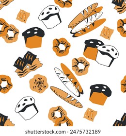 Seamless pattern with assortment of bread and pastry items, vector. Seamless pattern design for bakery and prints.