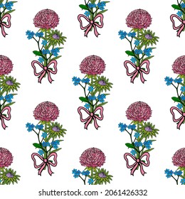 Seamless pattern with aster flowers, forget-me-not and pink ribbon on white background. Vector image.