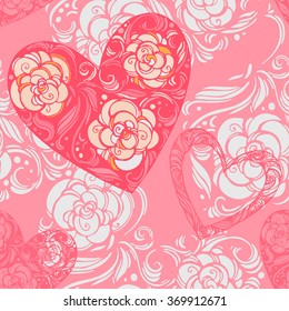 Seamless pattern of aster flowers with leaves and hearts