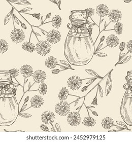 Seamless pattern with aster tataricus: plant, leaves and aster tataricus flowers and bottle of aster tataricus essential oil. Tatarinow's aster. Cosmetic, perfumery and medical plant. Vector han