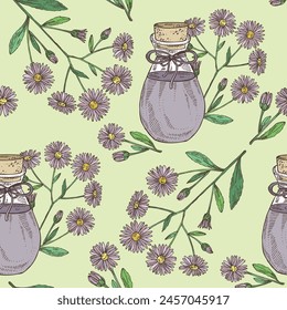 Seamless pattern with  aster tataricus: plant, leaves and aster tataricus flowers and bottle of aster tataricus essential oil. Tatarinow's aster. Cosmetic, perfumery and medical plant. Vector han