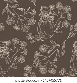 Seamless pattern with  aster tataricus: plant, leaves and aster tataricus flowers and bottle of aster tataricus essential oil. Tatarinow's aster. Cosmetic, perfumery and medical plant. Vector han