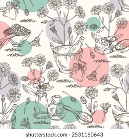 Seamless pattern with aster tataricus: aster tataricus plant, leaves aster tataricus flowers. Tatarinow's aster. Oil, soap and bath salt . Cosmetics and med