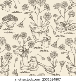 Seamless pattern with aster tataricus: aster tataricus plant, leaves aster tataricus flowers. Tatarinow's aster. Oil, soap and bath salt . Cosmetics and med