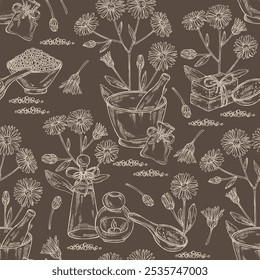 Seamless pattern with aster tataricus: aster tataricus plant, leaves aster tataricus flowers. Tatarinow's aster. Oil, soap and bath salt . Cosmetics and med