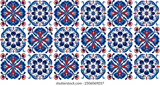 Seamless pattern of asterisk - round texture ornament stylized in red - blue tones