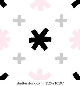 Seamless pattern with asterisks and crosses. Pink, black and gray crosses and asterisks on a white background. Suitable for printing on textiles, fabrics, clothes, wallpaper. Vector illustration in th