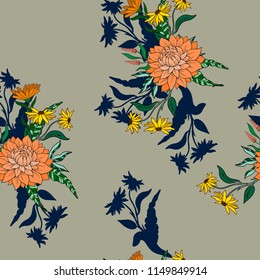 Seamless pattern with asters and leaves. 