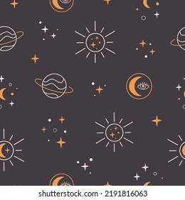 Patrón sin foco con elementos astrológicos, astronómicos, mágicos y espirituales. Sol, planetas, luna, estrellas, espacio. Ilustración del vector