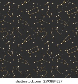 Seamless pattern with astrological constellations on the background of space. Gold and black design.