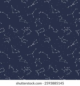 Seamless pattern with astrological constellations on the background of space. White and blue design.