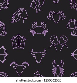 Seamless pattern with astrological signs drawn with contour lines on black background. Backdrop with Zodiac constellation symbols. Vector illustration in linear style for wrapping paper, fabric print.