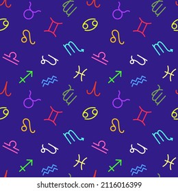 seamless pattern with astrological symbols, purple background with bright zodiac signs, color pattern with zodiac simple silhouettes