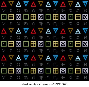 Seamless pattern of astrological symbols and signs of the zodiac on a black background. Vector background.