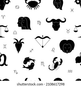 Seamless pattern of astrological zodiac signs icons. Silhouettes of Aries, taurus, gemini, cancer, leo, virgo, libra, scorpio,  sagittarius,  capricorn, aquarius, pisces. Vector illustration.