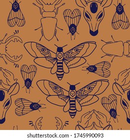 Seamless pattern with Astrology, esoteric and Space concept with mystical and mysterious objects. Black white butterflies and stars. for textiles, office, wallpaper. Night moth.