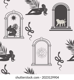 Seamless pattern with astrology and mystical elements, wild animals, woman silhouette, arch, palm leaf. Editable Vector illustration.