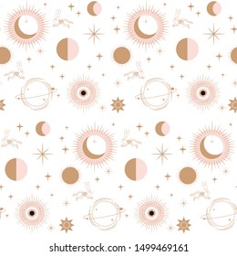 Seamless pattern with Astrology and Space concept. Minimalistic objects made in the style of one line. Editable vector illustration.