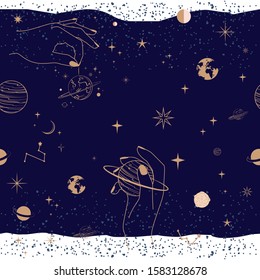 Seamless pattern with Astrology and Space concept. Planet and human hand. Minimalistic objects made in the style of one line. Editable vector illustration.