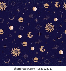 Seamless pattern with Astrology and Space concept. Minimalistic objects made in the style of one line. Editable vector illustration.
