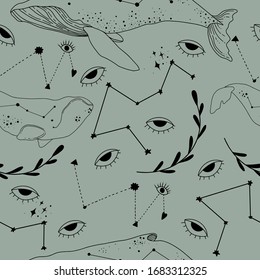Seamless pattern with Astrology and Space concept. Minimalistic objects made in the style of one line. Editable vector illustration.