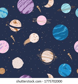 Seamless pattern with Astrology and Space concept. Minimalistic objects made in the style of one line. Editable vector illustration.