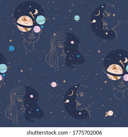 Seamless pattern with Astrology and Space concept. Planet and woman face portrait. Minimalistic objects made in the style of one line. Editable vector illustration.