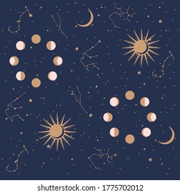 Seamless pattern with Astrology and Space concept. Minimalistic objects made in the style of one line. Editable vector illustration.