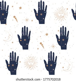 Seamless pattern with Astrology and Space concept. Planet and human space on hand. Minimalistic objects made in the style of one line. Editable vector illustration.