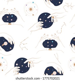 Seamless pattern with Astrology and Space concept. Planet and human hand. Minimalistic objects made in the style of one line. Editable vector illustration.