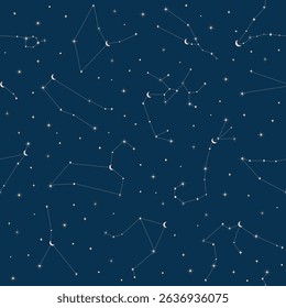 Seamless pattern with astrology zodiac constellations, moon and stars. Vector elegant dark blue background. Surface cover design. Fabric textile print.