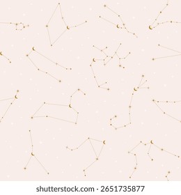 Seamless pattern with astrology zodiac constellations, moon and stars. Vector elegant beige background. Surface cover design. Fabric textile print.