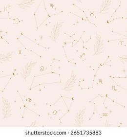 Padrão contínuo com constelações do zodíaco da astrologia, crescente, estrelas e esotérico, astral, impressão, calendário, ramo. Fundo bege elegante boho vetor. Concepção da cobertura de superfície. Impressão têxtil de tecido.