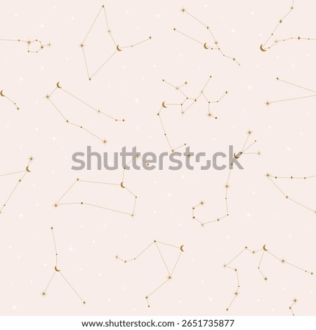 Seamless pattern with astrology zodiac constellations, moon and stars. Vector elegant beige background. Surface cover design. Fabric textile print.