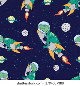 Seamless pattern of a astronaut dinosaur and space background elements 