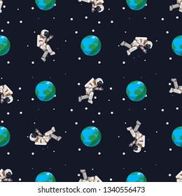 Seamless pattern astronaut flies near the planet Earth