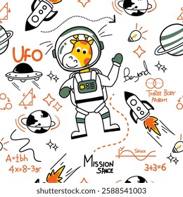 Seamless pattern of astronaut giraffe, rockets, UFOs, and space doodles with fun elements. Kids space concept
