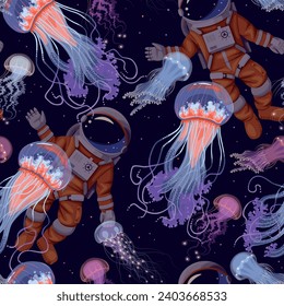 Seamless pattern with astronaut and jellyfish