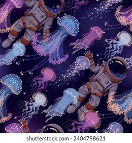 Seamless pattern with astronaut and jellyfish