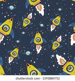 Seamless pattern with astronaut kid and cat in rocket ships. Vector illustration, scandinavian style. Stars, planet. Children textile,t-shirt print,bed linens,fabric,wallpaper,paper,back to school.