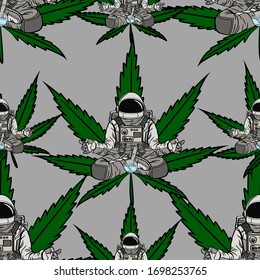 A seamless pattern of an astronaut meditating in a yoga pose while smoking a bong. Vector illustration background featuring a spaceman sitting on a large green marijuana leaf.