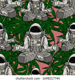 Seamless pattern Astronaut meditation with cannabis background pink