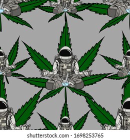 Seamless pattern Astronaut meditation with cannabis